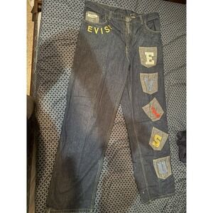 Evisu Men's Dark Wash Blue Straight Denim Jeans Regular Fit 5-Pocket Logo